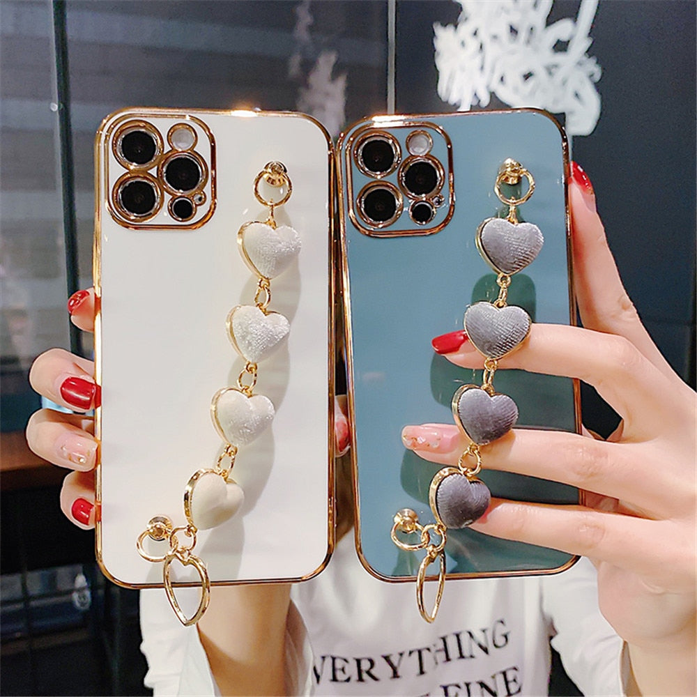 Anymob iPhone Case Light Pink Soft Plating Cover Love Heart Plush Bracelet-Mobile Phone Cases-PEROZ Accessories