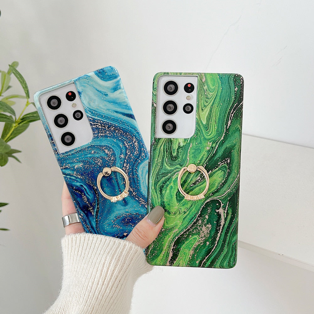 Anymob Samsung Green Silicon Case Glitter Marble Finger Ring Bracket Holder Phone Cover-Mobile Phone Cases-PEROZ Accessories