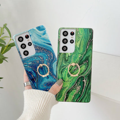 Anymob Samsung Green Silicon Case Glitter Marble Finger Ring Bracket Holder Phone Cover-Mobile Phone Cases-PEROZ Accessories