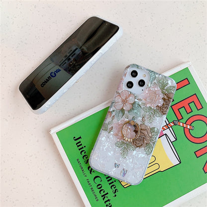 Anymob iPhone Brown Rose Shell Pattern Flowers Phone Cover With Ring Holder-Mobile Phone Cases-PEROZ Accessories