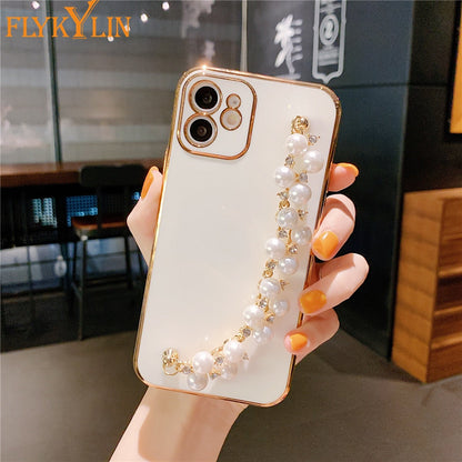 Anymob iPhone Case Army Green Pearl Bracelet Electroplating Silicone Cover With Wristband-Mobile Phone Cases-PEROZ Accessories