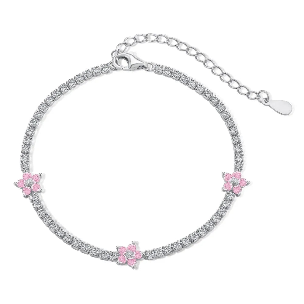 Anyco Bracelet Silver Bracelet Women Pink Flower Charm 5A Cubic Zirconia Chain 925 Sterling silver Tennis Bangles-Bracelets-PEROZ Accessories