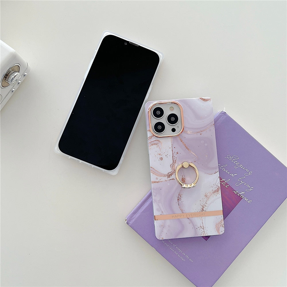Anymob iPhone Case Light Peach Glitter Marble With Ring Holder Soft Cover Silicone Shockproof-Mobile Phone Cases-PEROZ Accessories
