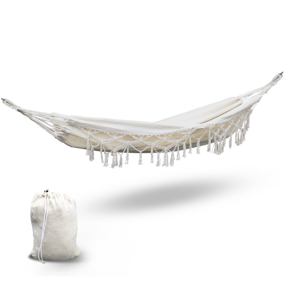 Gardeon Hanging Tassel Hammock Swing Bed Cream-Hammock-PEROZ Accessories