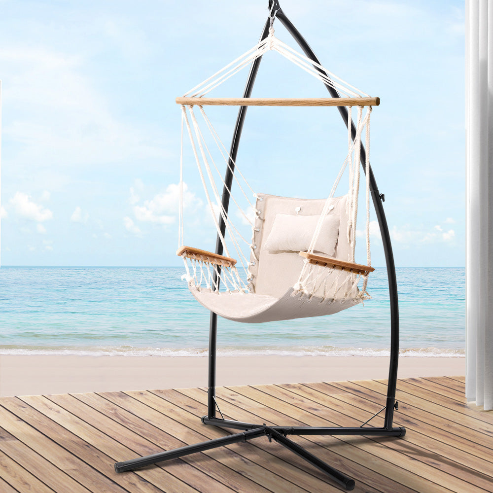 Gardeon Outdoor Hammock Chair with Steel Stand Hanging Hammock Beach Cream-Hammock-PEROZ Accessories