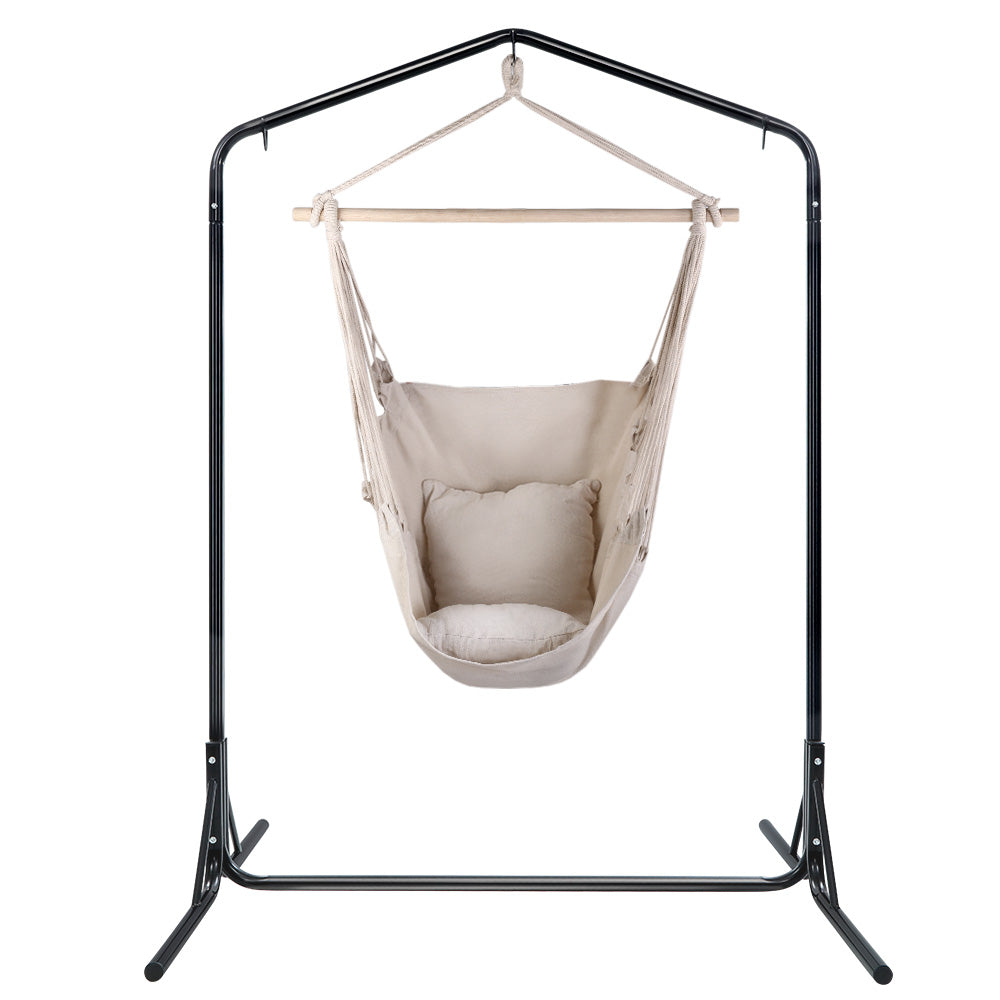 Gardeon Outdoor Hammock Chair with Stand Hanging Hammock with Pillow Cream-Hammock-PEROZ Accessories