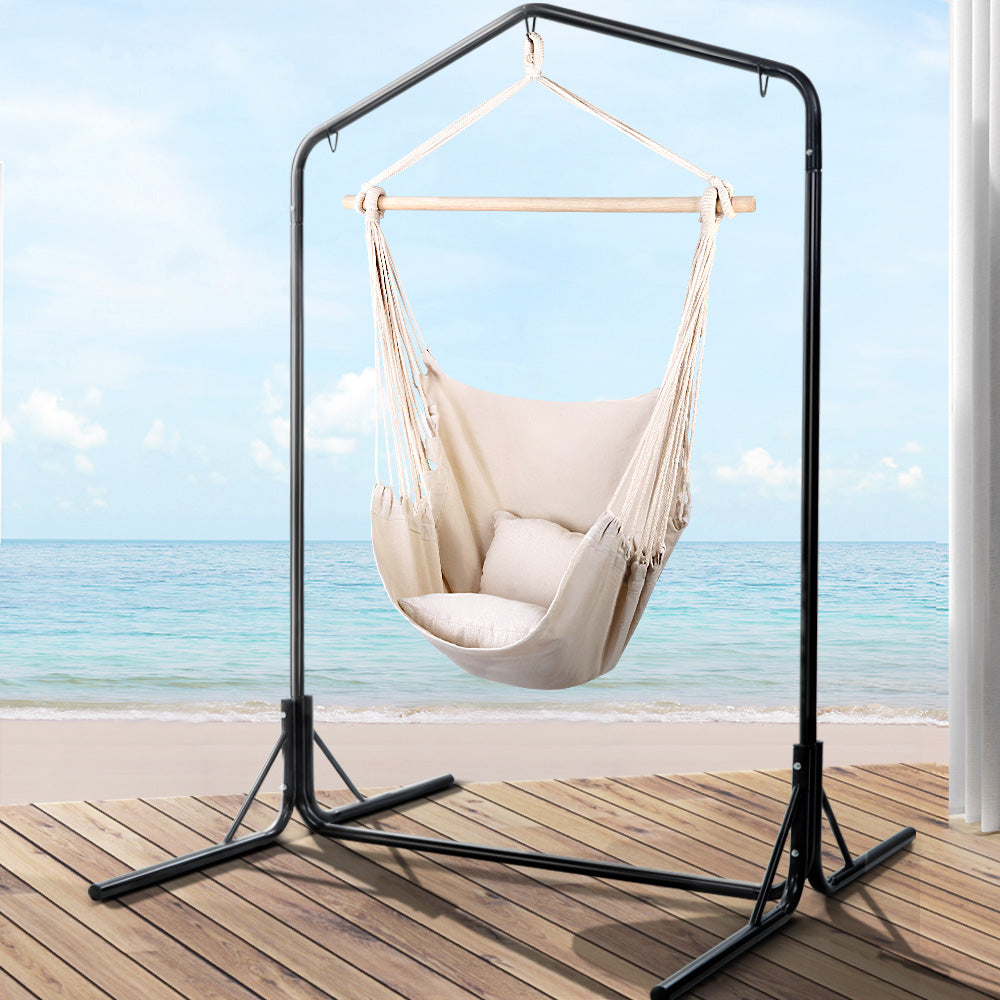 Gardeon Outdoor Hammock Chair with Stand Hanging Hammock with Pillow Cream-Hammock-PEROZ Accessories