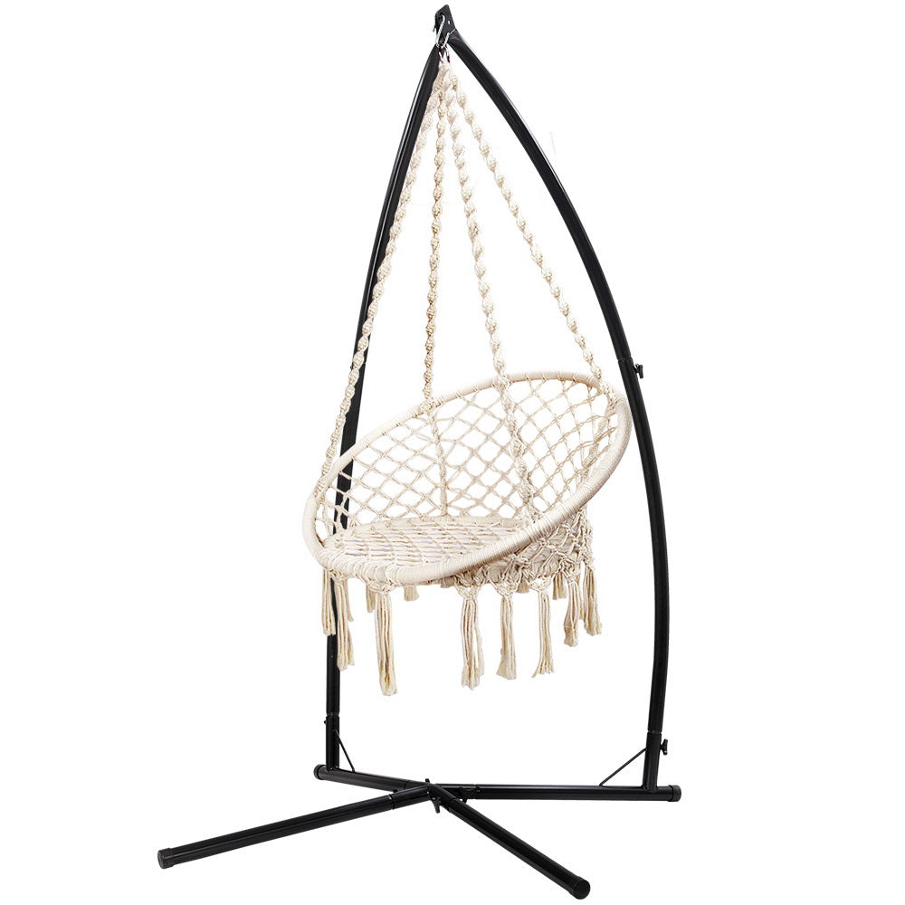 Gardeon Outdoor Hammock Chair with Steel Stand Cotton Swing Hanging 124CM Cream-Hammock-PEROZ Accessories