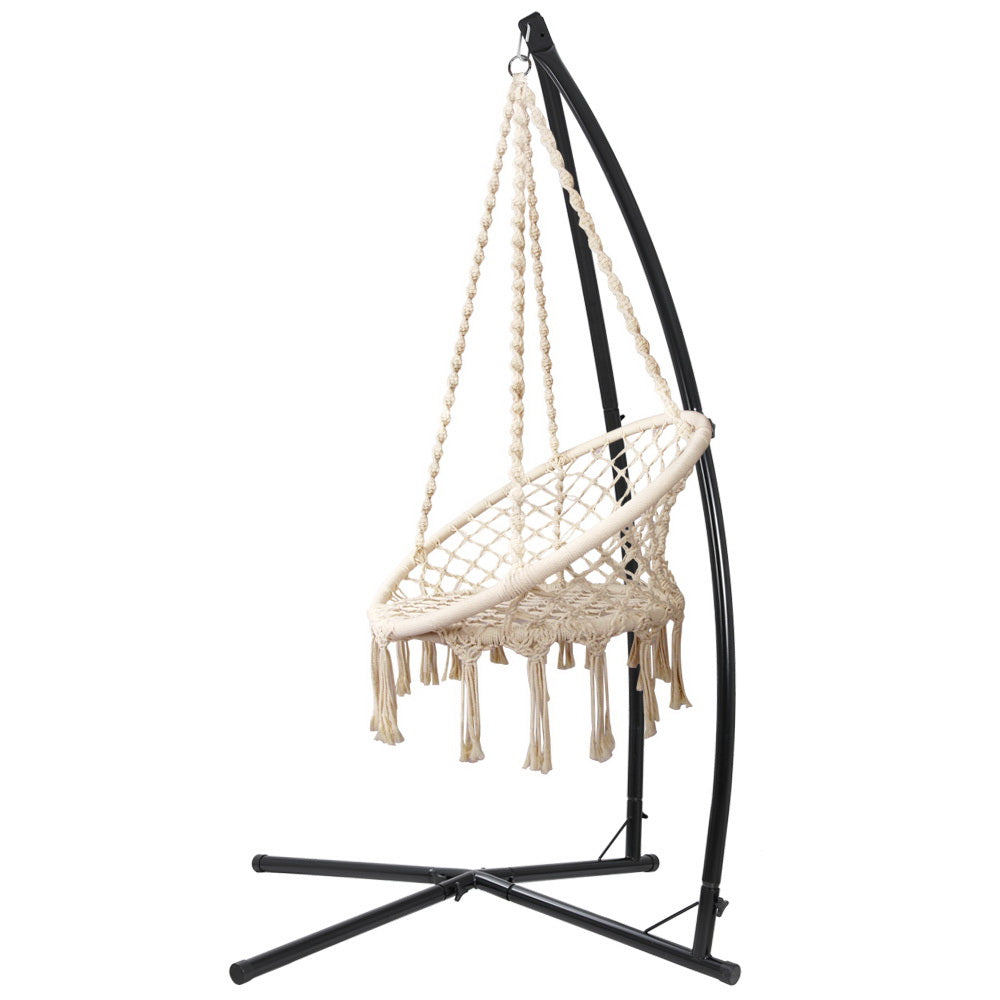 Gardeon Outdoor Hammock Chair with Steel Stand Cotton Swing Hanging 124CM Cream-Hammock-PEROZ Accessories
