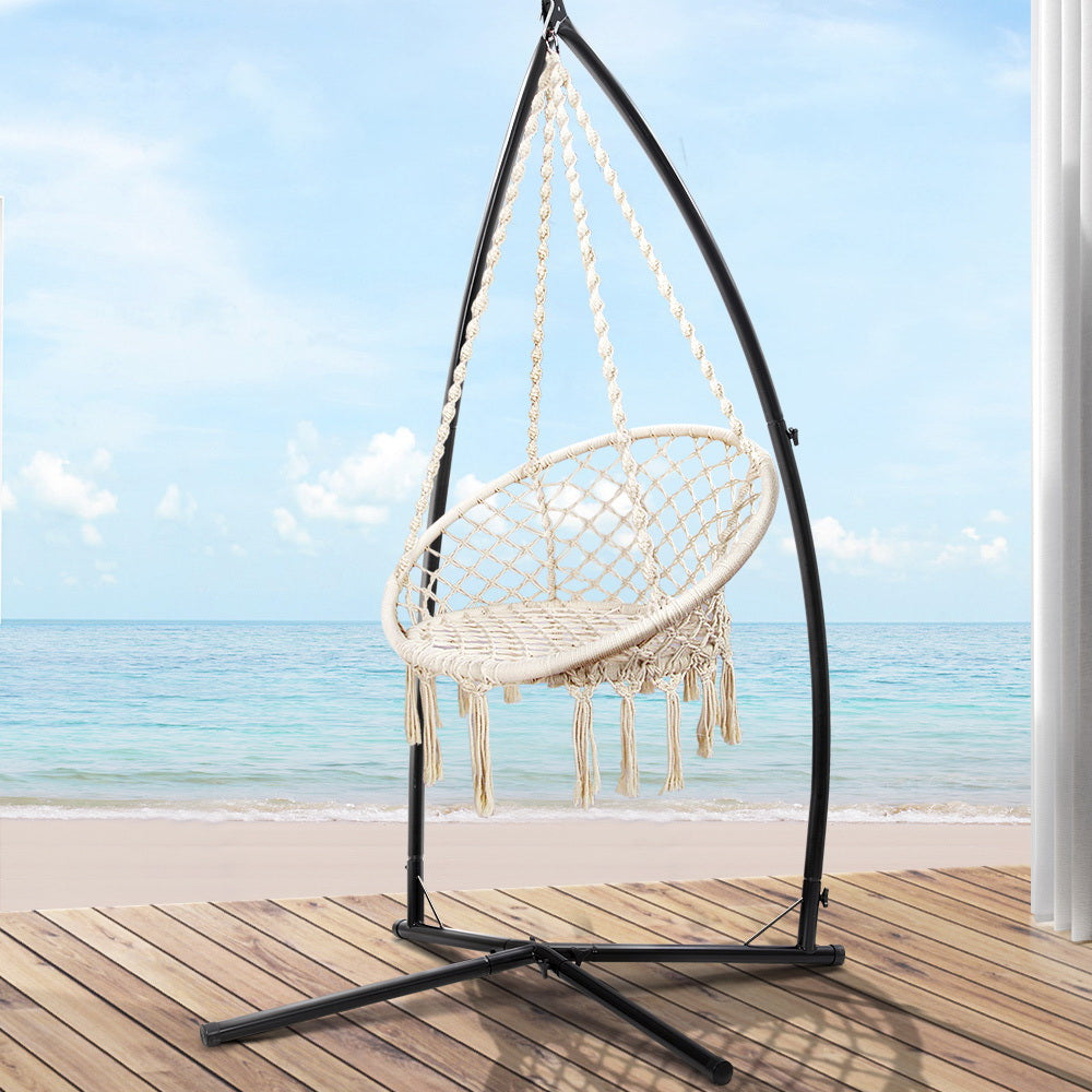 Gardeon Outdoor Hammock Chair with Steel Stand Cotton Swing Hanging 124CM Cream-Hammock-PEROZ Accessories