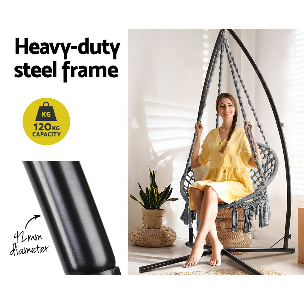 Gardeon Outdoor Hammock Chair with Steel Stand Cotton Swing Hanging 124CM Grey-Hammock-PEROZ Accessories