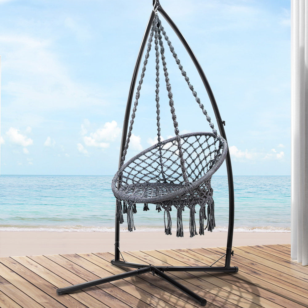 Gardeon Outdoor Hammock Chair with Steel Stand Cotton Swing Hanging 124CM Grey-Hammock-PEROZ Accessories