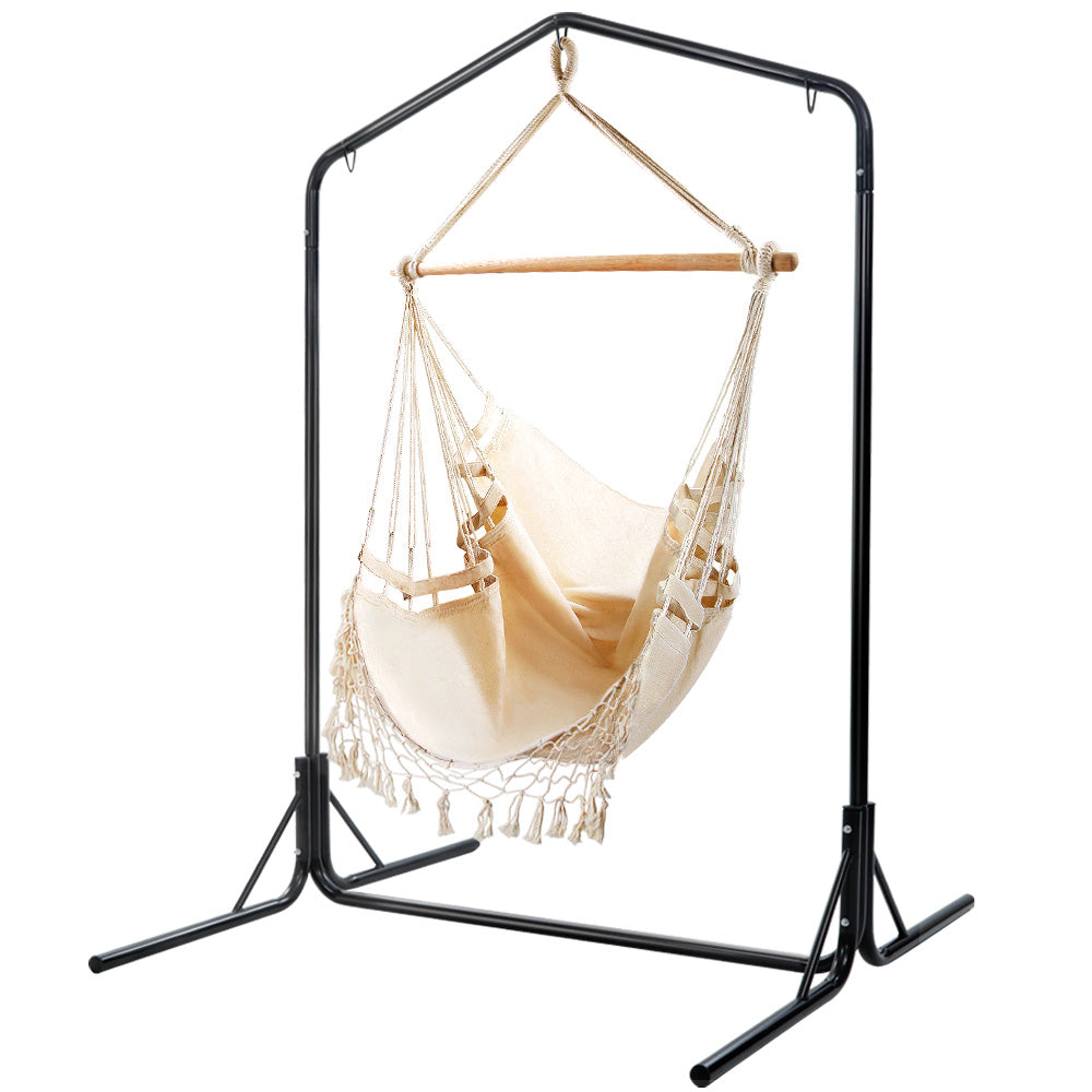 Gardeon Outdoor Hammock Chair with Stand Tassel Hanging Rope Hammocks Cream-Hammock-PEROZ Accessories