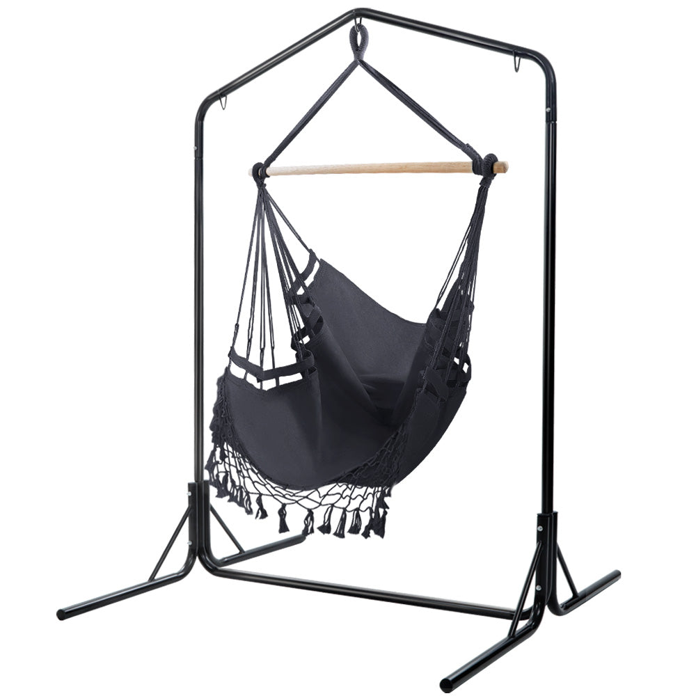 Gardeon Outdoor Hammock Chair with Stand Tassel Hanging Rope Hammocks Grey-Hammock-PEROZ Accessories