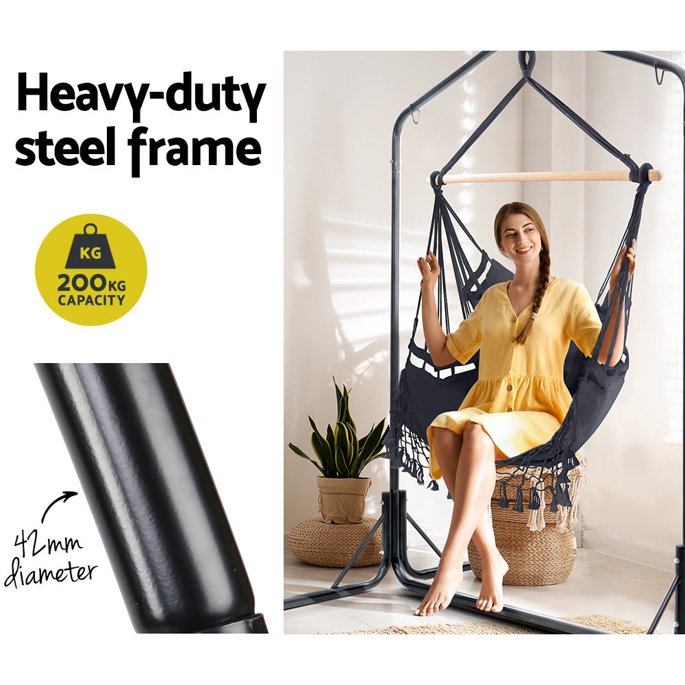 Gardeon Outdoor Hammock Chair with Stand Tassel Hanging Rope Hammocks Grey-Hammock-PEROZ Accessories