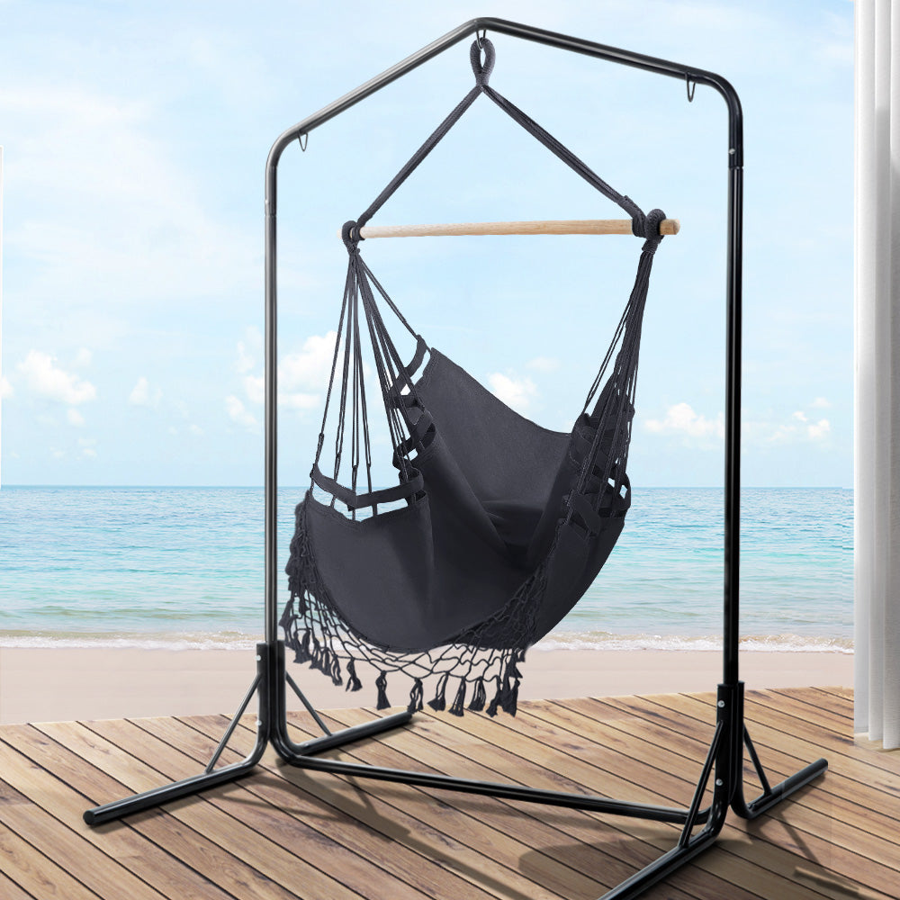 Gardeon Outdoor Hammock Chair with Stand Tassel Hanging Rope Hammocks Grey-Hammock-PEROZ Accessories