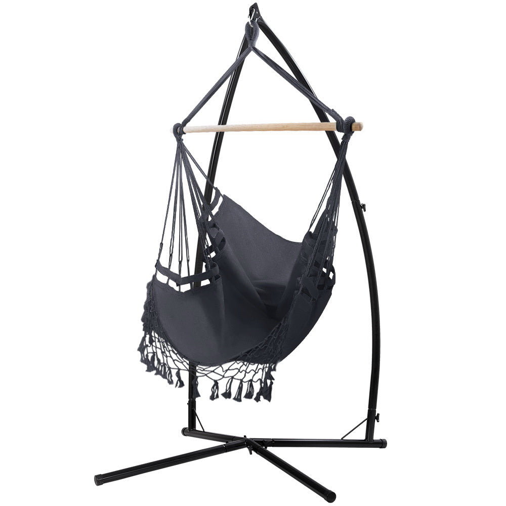Gardeon Outdoor Hammock Chair with Steel Stand Tassel Hanging Rope Hammock Grey-Hammock-PEROZ Accessories