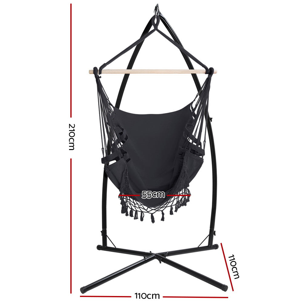 Gardeon Outdoor Hammock Chair with Steel Stand Tassel Hanging Rope Hammock Grey-Hammock-PEROZ Accessories