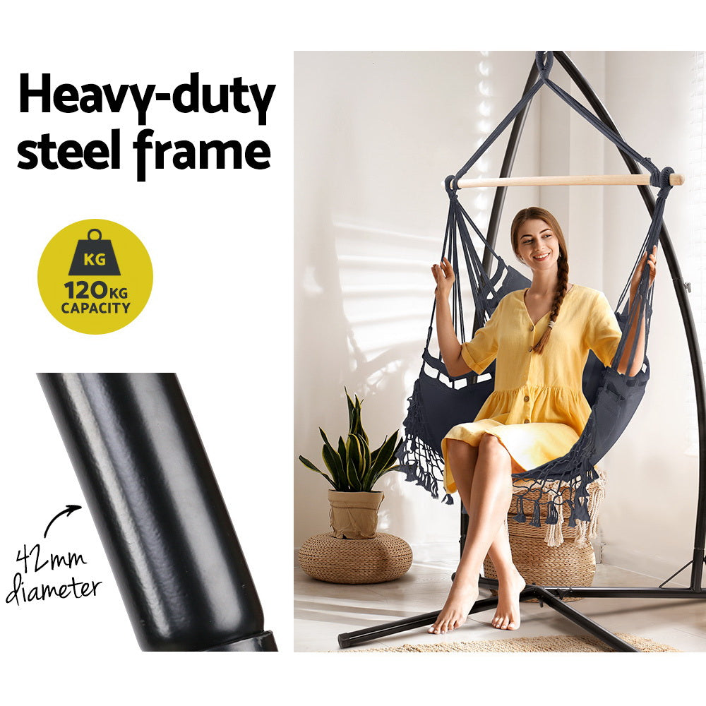 Gardeon Outdoor Hammock Chair with Steel Stand Tassel Hanging Rope Hammock Grey-Hammock-PEROZ Accessories