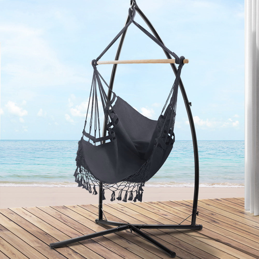 Gardeon Outdoor Hammock Chair with Steel Stand Tassel Hanging Rope Hammock Grey-Hammock-PEROZ Accessories