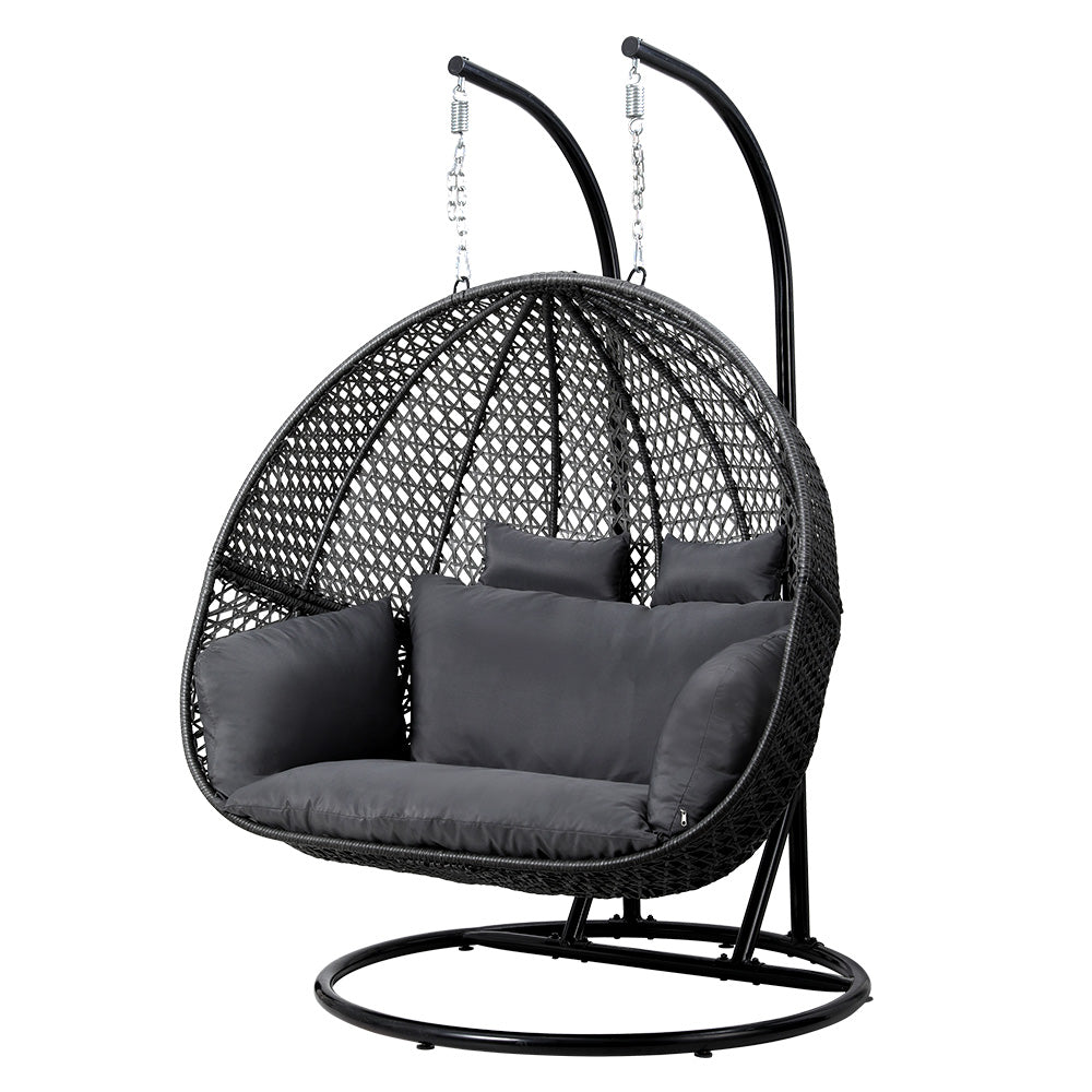 Gardeon Outdoor Egg Swing Chair Hanging Pod Chair Wicker Cushion 2 Person Grey-Home &amp; Garden &gt; Garden Furniture-PEROZ Accessories