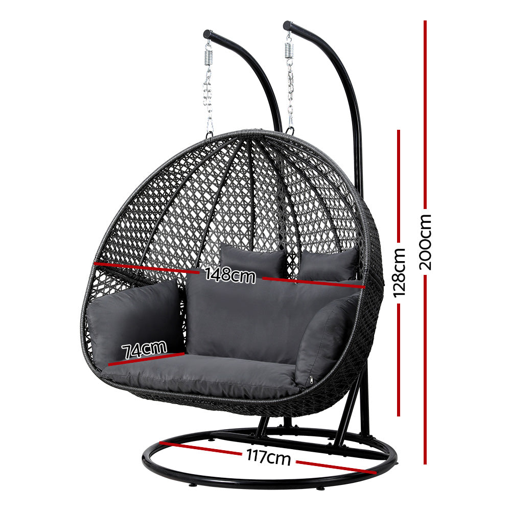 Gardeon Outdoor Egg Swing Chair Hanging Pod Chair Wicker Cushion 2 Person Grey-Home &amp; Garden &gt; Garden Furniture-PEROZ Accessories