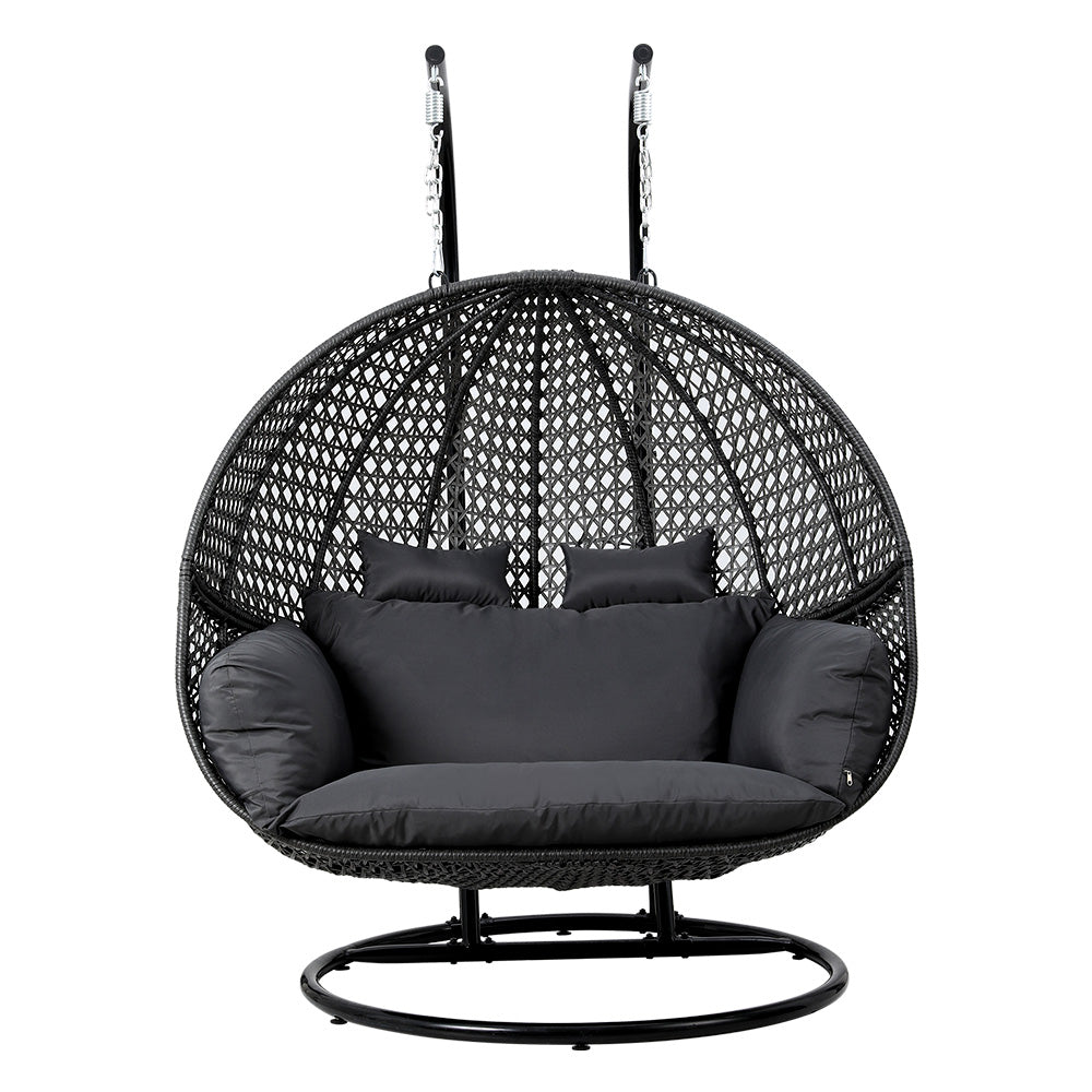 Gardeon Outdoor Egg Swing Chair Hanging Pod Chair Wicker Cushion 2 Person Grey-Home &amp; Garden &gt; Garden Furniture-PEROZ Accessories