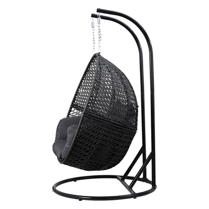 Gardeon Outdoor Egg Swing Chair Hanging Pod Chair Wicker Cushion 2 Person Grey-Home &amp; Garden &gt; Garden Furniture-PEROZ Accessories