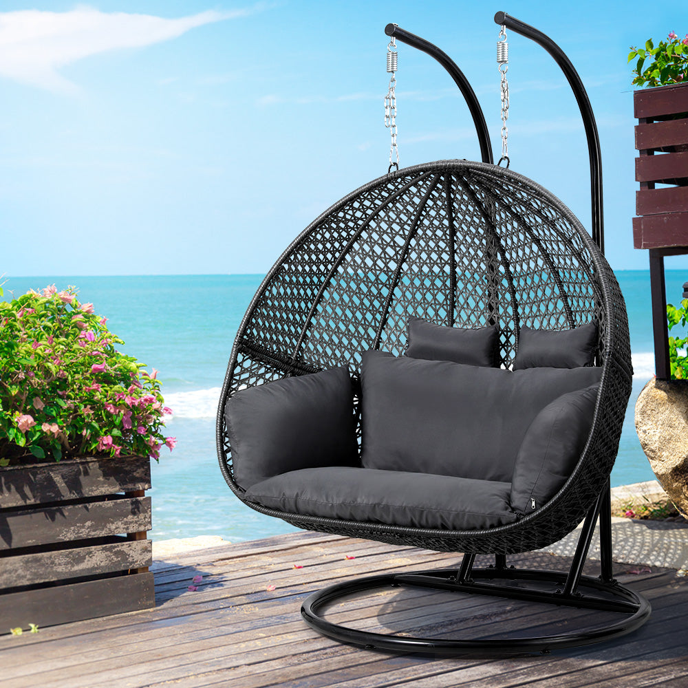 Gardeon Outdoor Egg Swing Chair Hanging Pod Chair Wicker Cushion 2 Person Grey-Home &amp; Garden &gt; Garden Furniture-PEROZ Accessories