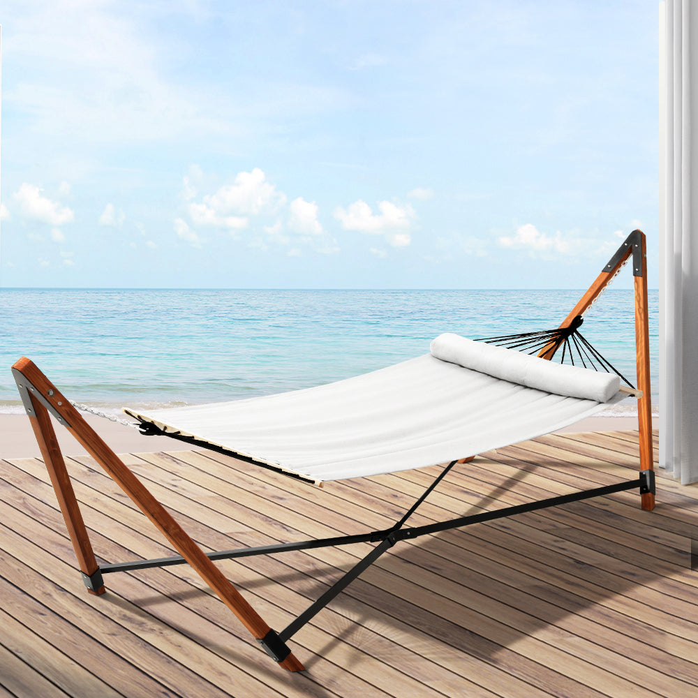 Gardeon Wooden Hammock Chair with Stand Linen Hammock Bed Timber Steel 200KG-Furniture &gt; Outdoor-PEROZ Accessories