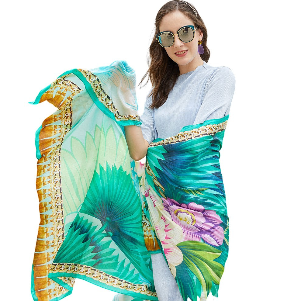 Anyyou 100% Mulberry Silk Vivid Green Long Scarf Luxury Brand Women Beach Shawl Wear Swimwear Pashimina Face Shield Foulard-Scarves-PEROZ Accessories