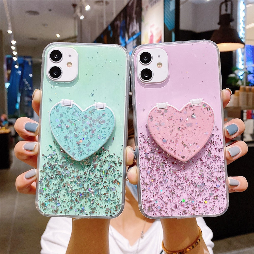 Anymob iPhone Black Sequins Glitter Case Love Heart Mirror Holder Stand Cover-Mobile Phone Cases-PEROZ Accessories
