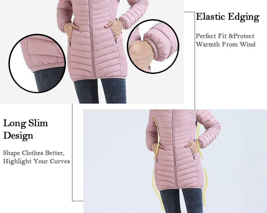 Anychic Womens Padded Puffer Jacket Large Pink Ultralightweight Long Parka With Detachable Hood Outdoor Warm Clothes-Coats &amp; Jackets-PEROZ Accessories