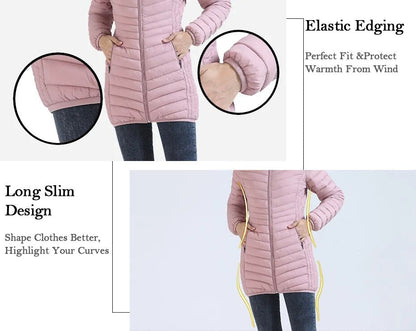Anychic Womens Padded Puffer Jacket Large Pink Ultralightweight Long Parka With Detachable Hood Outdoor Warm Clothes-Coats &amp; Jackets-PEROZ Accessories