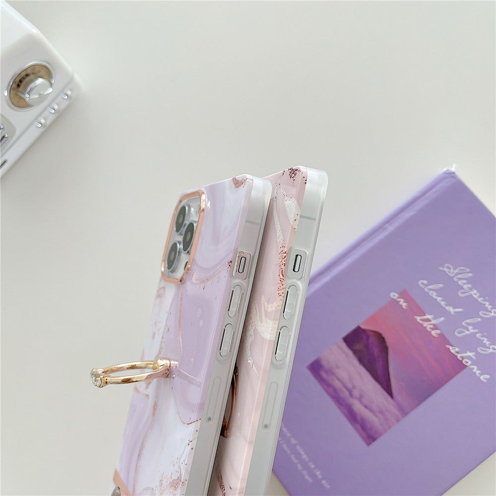 Anymob iPhone Case Light Peach Glitter Marble With Ring Holder Soft Cover Silicone Shockproof-Mobile Phone Cases-PEROZ Accessories