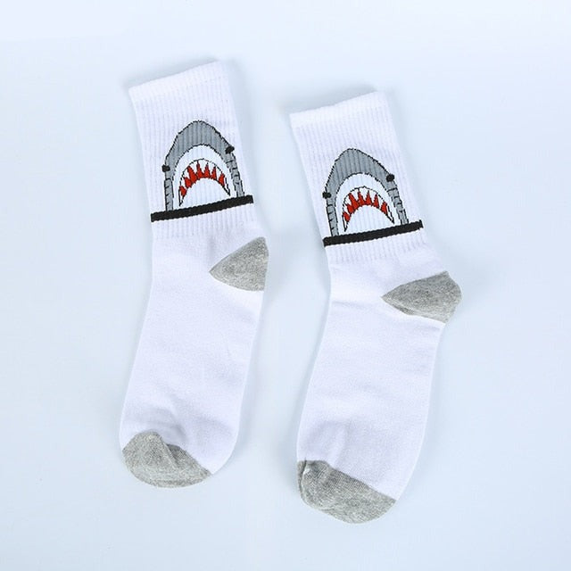 Anysox 5 Pairs Size 4-9 White Sports Socks Long Casual Shark Print Hip-hop breathable Unisex Skateboard Knitted Casual Sports Fashion-Socks-PEROZ Accessories