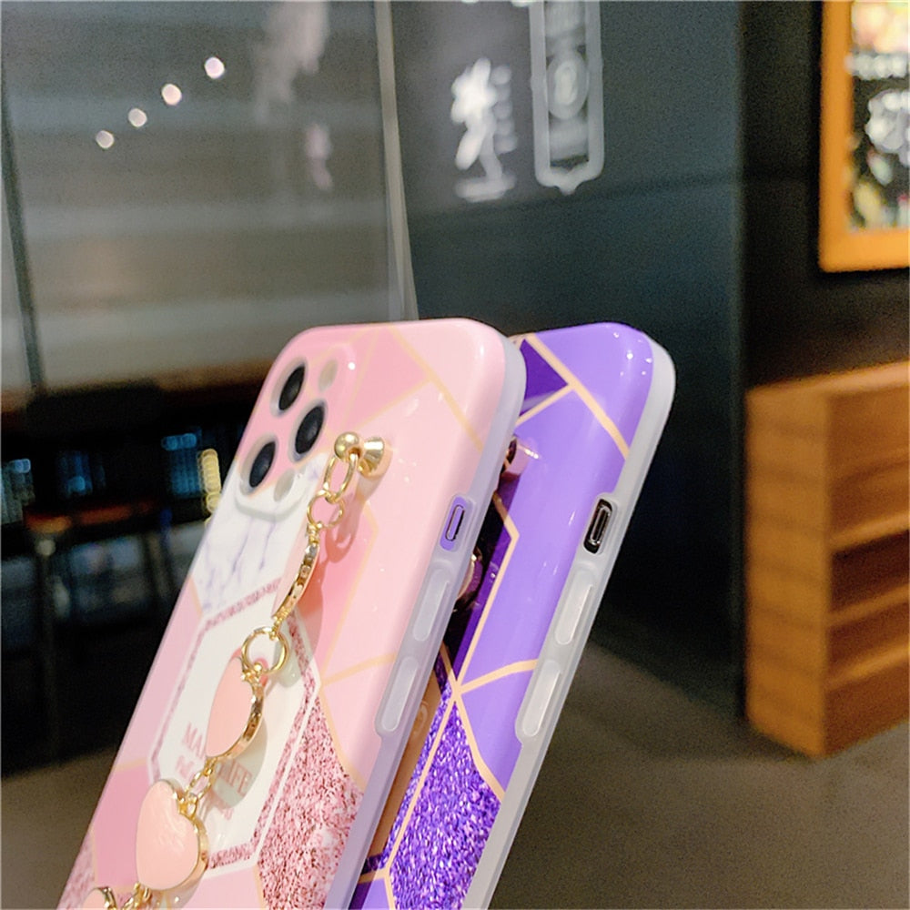 Anymob iPhone Case Dark Purple Soft Silicone Geometric Marble Back Cover With Love Heart Bracelet-Mobile Phone Cases-PEROZ Accessories