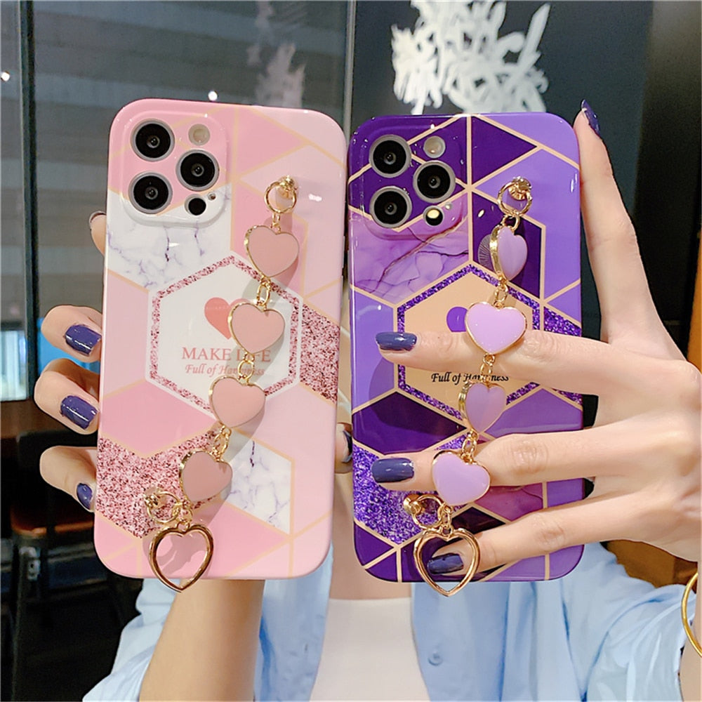 Anymob iPhone Case Dark Green eSoft Silicone Geometric Marble Back Cover With Love Heart Bracelet-Mobile Phone Cases-PEROZ Accessories