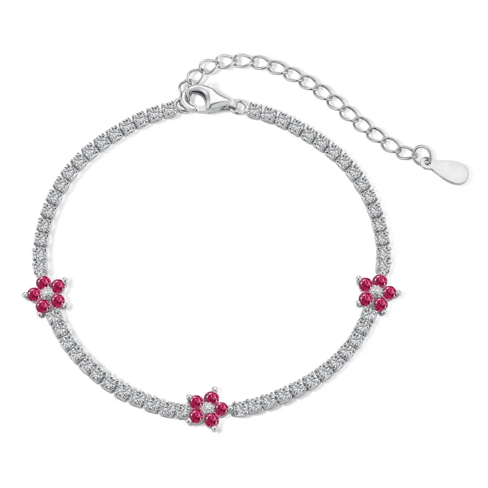 Anyco Bracelet Silver Bracelet Women Red Flower Charm 5A Cubic Zirconia Chain 925 Sterling silver Tennis Bangles-Bracelets-PEROZ Accessories