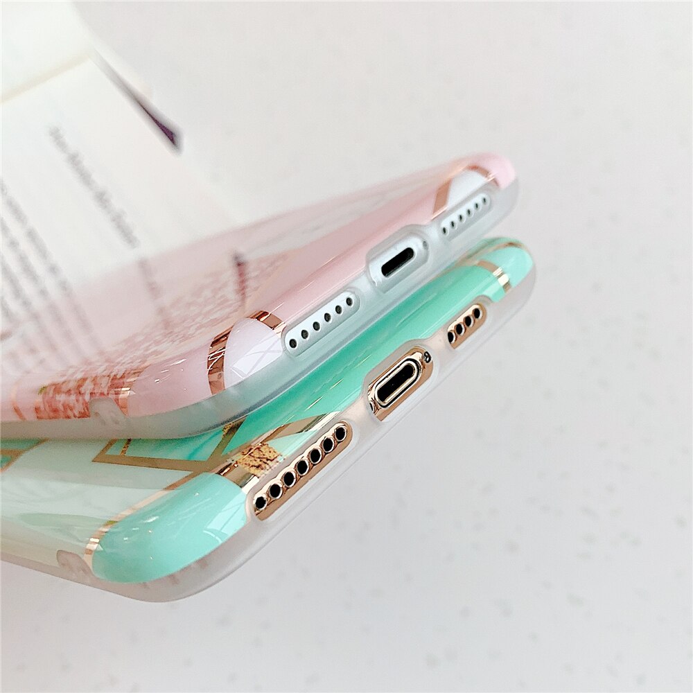 Anymob iPhone Green Plating Geometric Marble Phone Case Glossy Soft Back Cover-Mobile Phone Cases-PEROZ Accessories