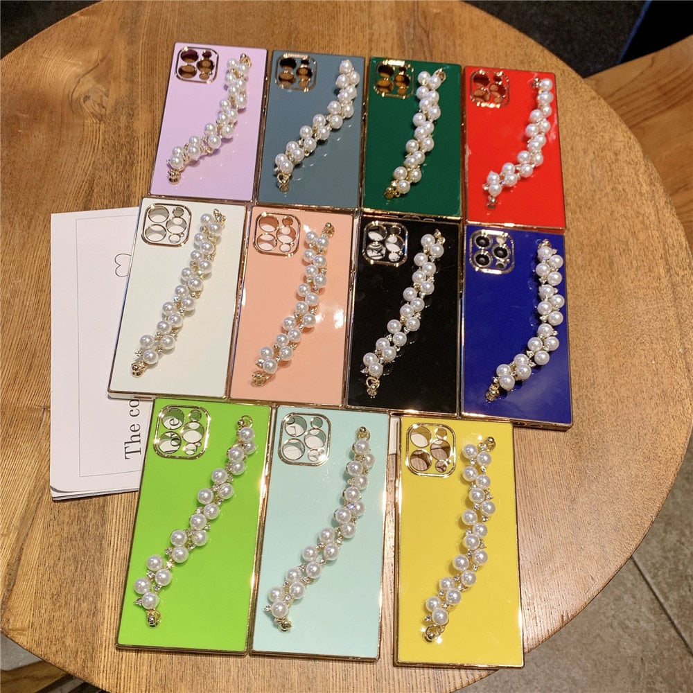 Anymob iPhone Case Red Pearl Diamond Bracelet Square Plating Soft Chain Back Cover-Mobile Phone Cases-PEROZ Accessories