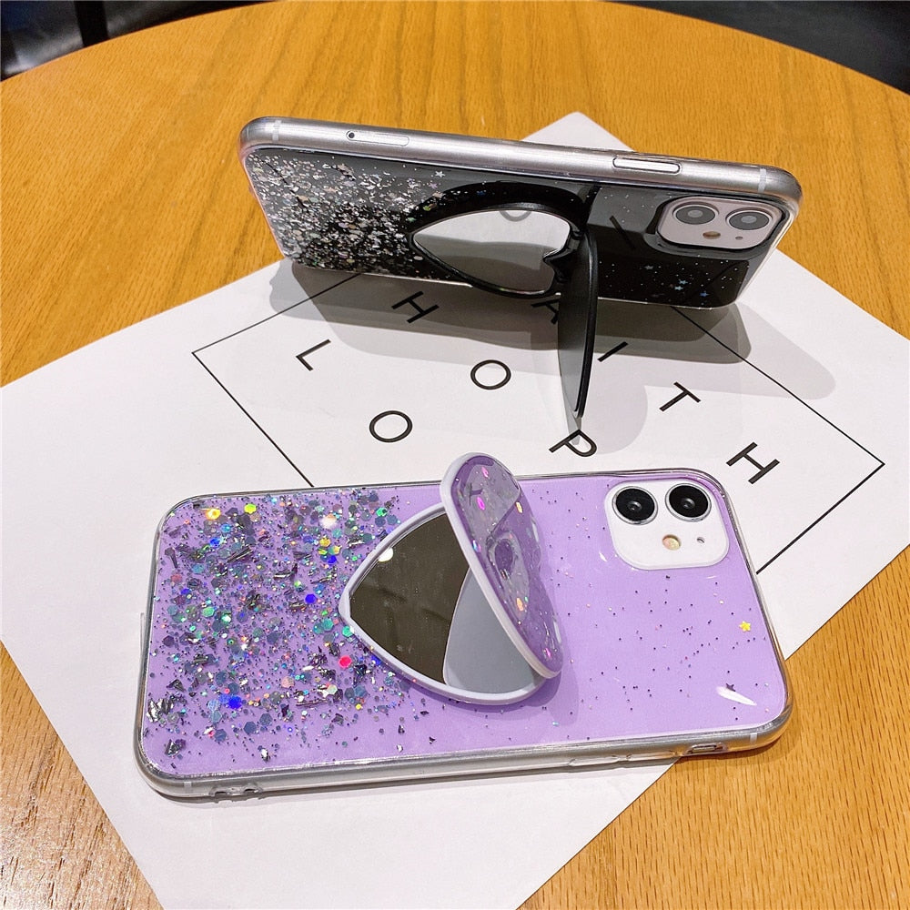 Anymob iPhone Violet Sequins Glitter Case Love Heart Mirror Holder Stand Cover-Mobile Phone Cases-PEROZ Accessories