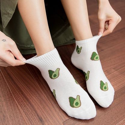 Anysox 5 Pairs One Size 5-9 Green Spring Summer Cotton Avocado Breathable School Girl For Female Ankle Socks-Socks-PEROZ Accessories