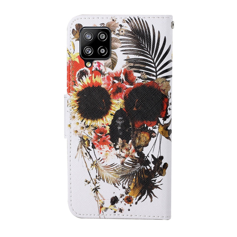 Anymob Samsung Flower Skull Pattern Phone Case Magnetic Flip Leather Wallet Painted Cover-Mobile Phone Cases-PEROZ Accessories