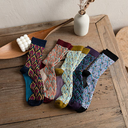 Anysox 5 Pairs Size 5-9 Coffee Brown Abstract Socks Retor Luxury Autumn Winter Peacock Feather Pattern Style With Soken Chaussette Femme-Socks-PEROZ Accessories