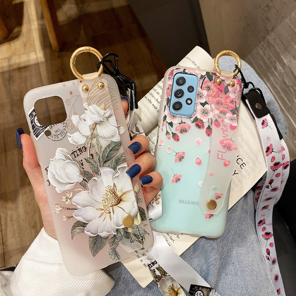 Anymob Samsung White Cherry Blossom Soft Silicone Case Flowers Neck Lanyard Wristband Holder Cover-Mobile Phone Cases-PEROZ Accessories