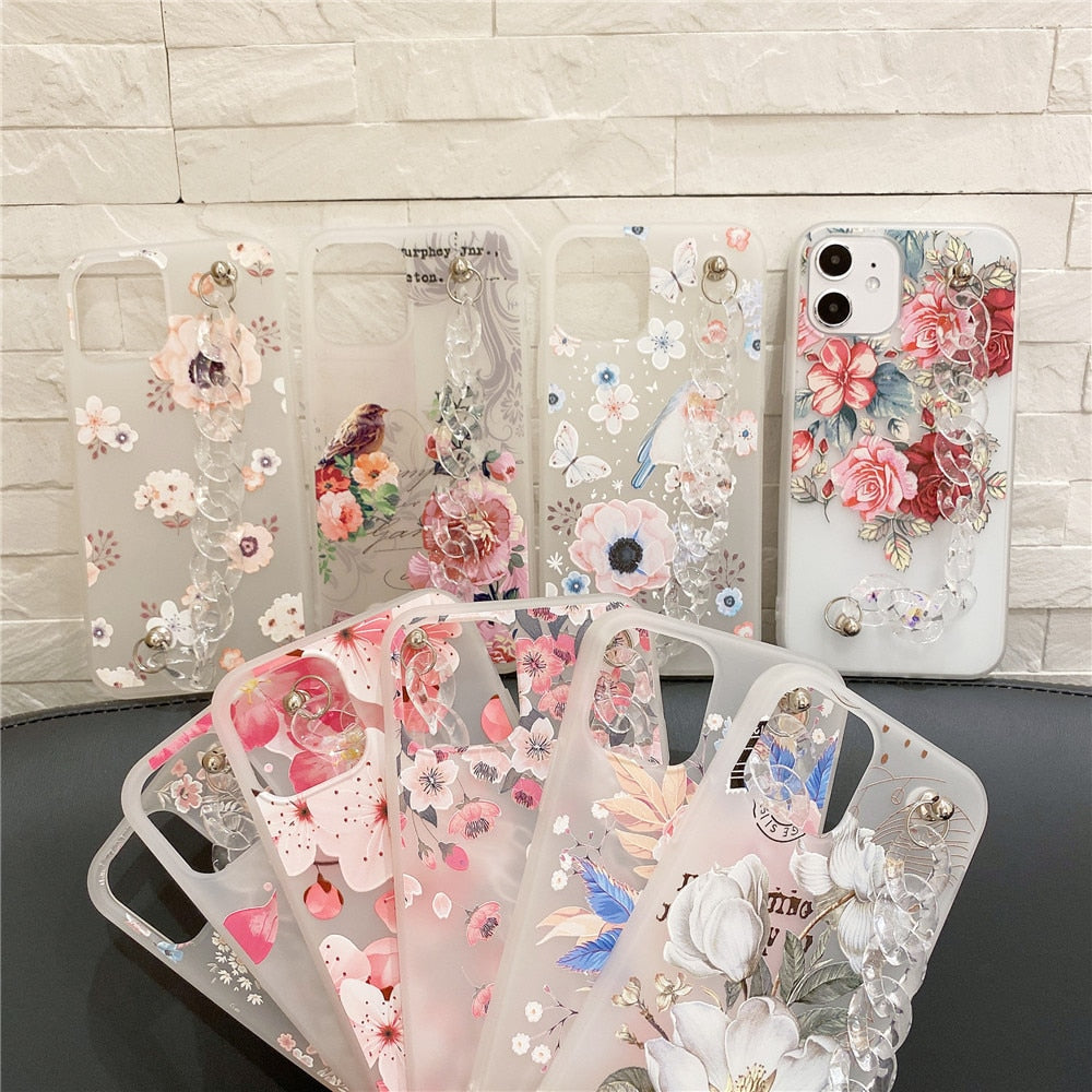 Anymob iPhone Case Transparent Pink Flower Wrist Chain Bracelet Silicone Flower Phone Cover-Mobile Phone Cases-PEROZ Accessories