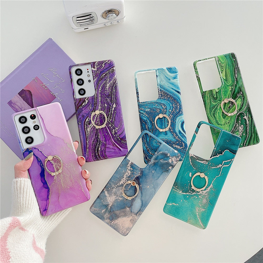 Anymob Samsung Blue Silicon Case Glitter Marble Finger Ring Bracket Holder Phone Cover-Mobile Phone Cases-PEROZ Accessories