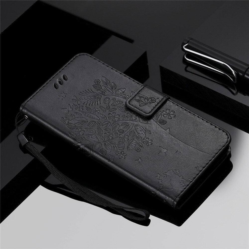 Anymob Samsung Black Tree Cat Leather Flip Case Wallet Phone Cover Protection-Mobile Phone Cases-PEROZ Accessories