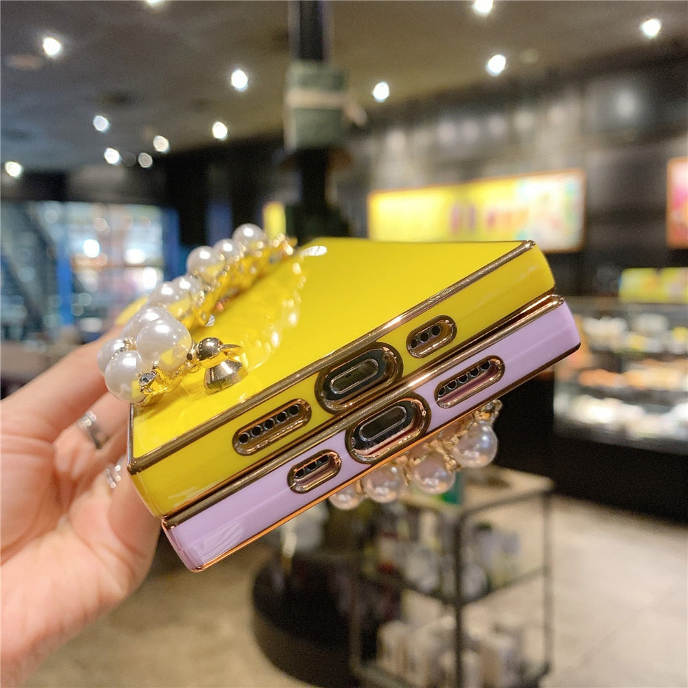 Anymob iPhone Case Pink Pearl Diamond Bracelet Square Plating Soft Chain Back Cover-Mobile Phone Cases-PEROZ Accessories